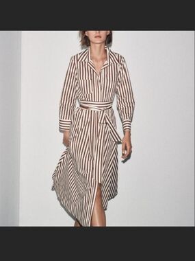 Zara Brown and White Striped Wrap Midi Dress